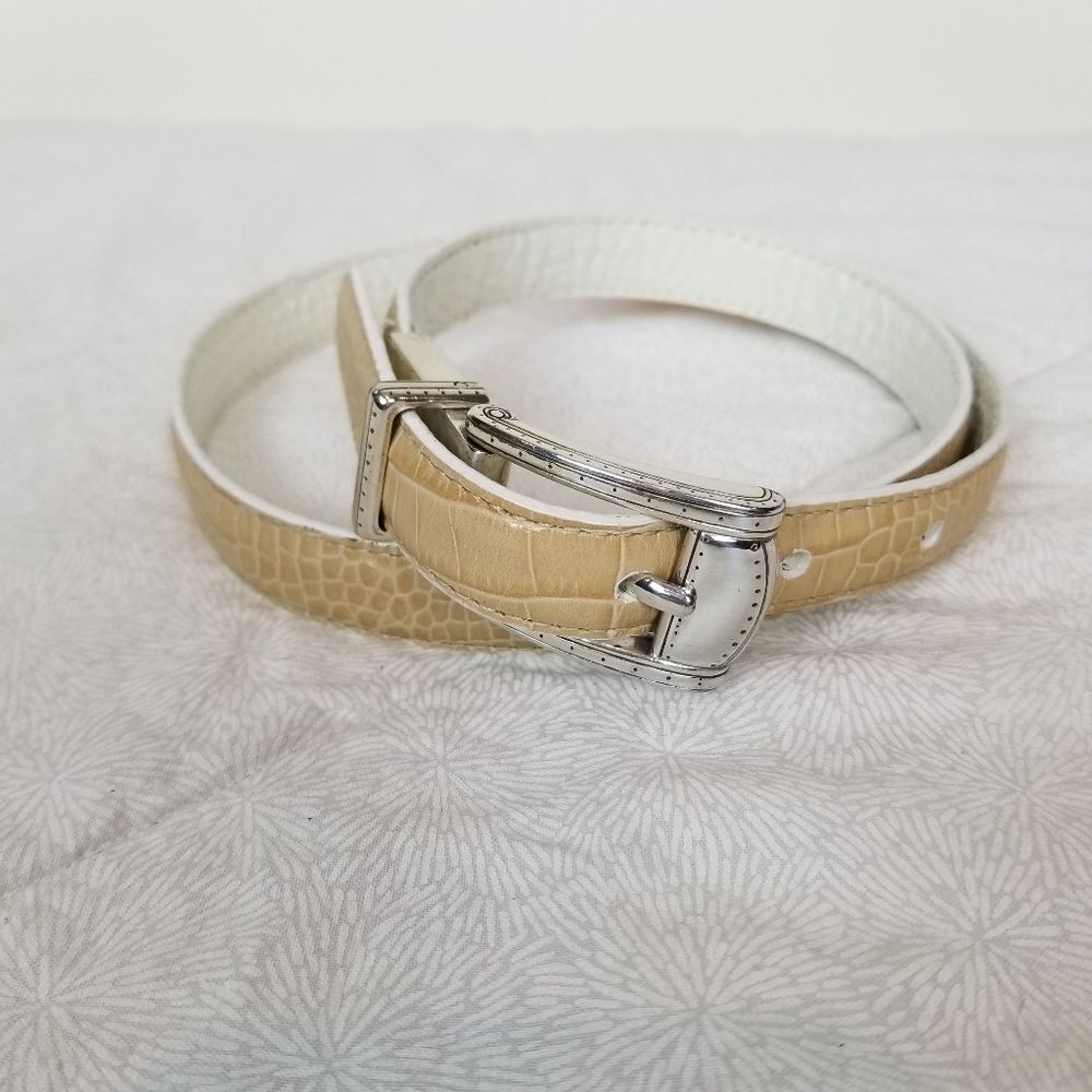 Reversible croc embossed tan and white leather belt etched silver buckle boho S